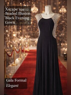 Xscape Beaded Illusion Gown Black Formal Dress Size 12